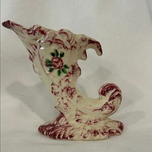 Vintage Cream and Red Ceramic Cornucopia Vase